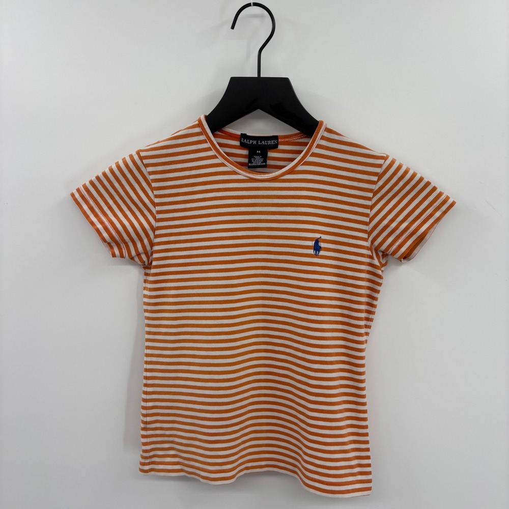 Ralph Lauren Kids Striped Short Sleeve T-Shirt Medium Orange White Pony Logo - Picture 1 of 11